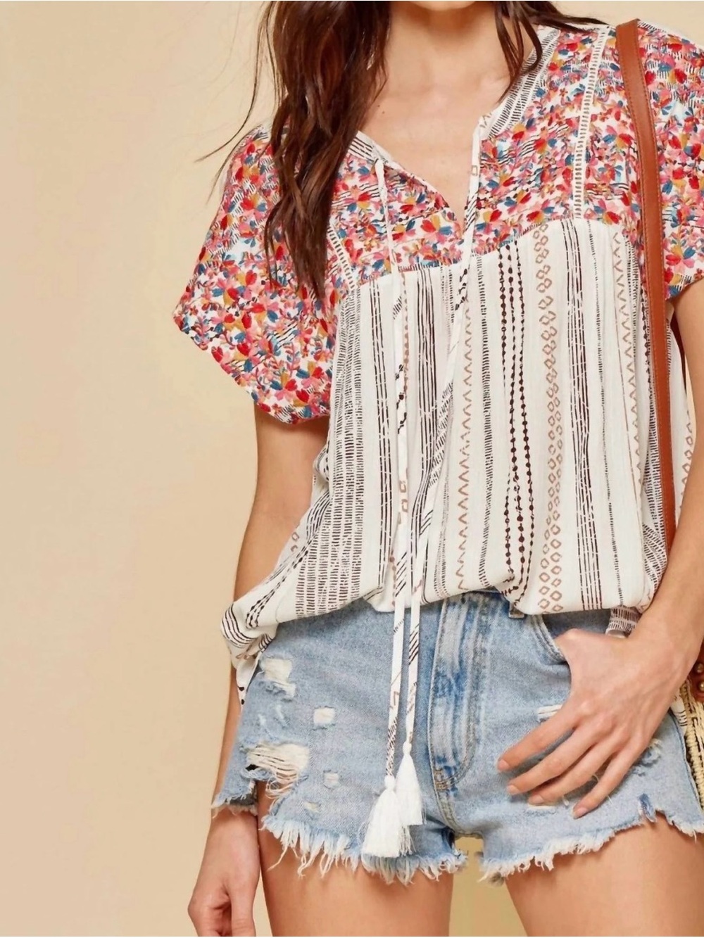 Savanna Jane Katie Embroidered Multicolor Short Sleeve Boho Top Size Medium